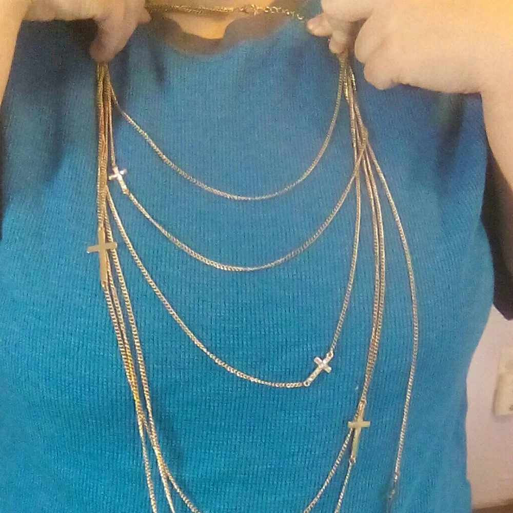 Multi Chain Gold Tone necklace w/Crosses EUC